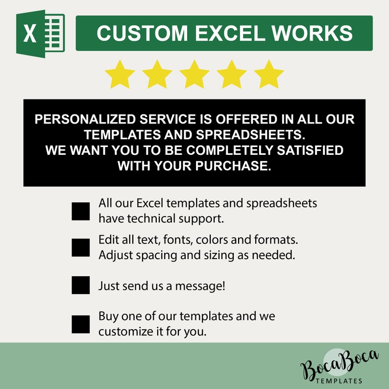 Puede incluir: Una pancarta verde con el texto "CUSTOM EXCEL WORKS" y cinco estrellas amarillas. Una pancarta negra con el texto "PERSONALIZED SERVICE IS OFFERED IN ALL OUR TEMPLATES AND SPREADSHEETS. WE WANT YOU TO BE COMPLETELY SATISFIED WITH YOUR PURCHASE."  Una lista de cuatro vi&ntilde;etas con descripciones de los servicios ofrecidos. El texto "BocaBoca TEMPLATES" est&aacute; en la parte inferior de la imagen.