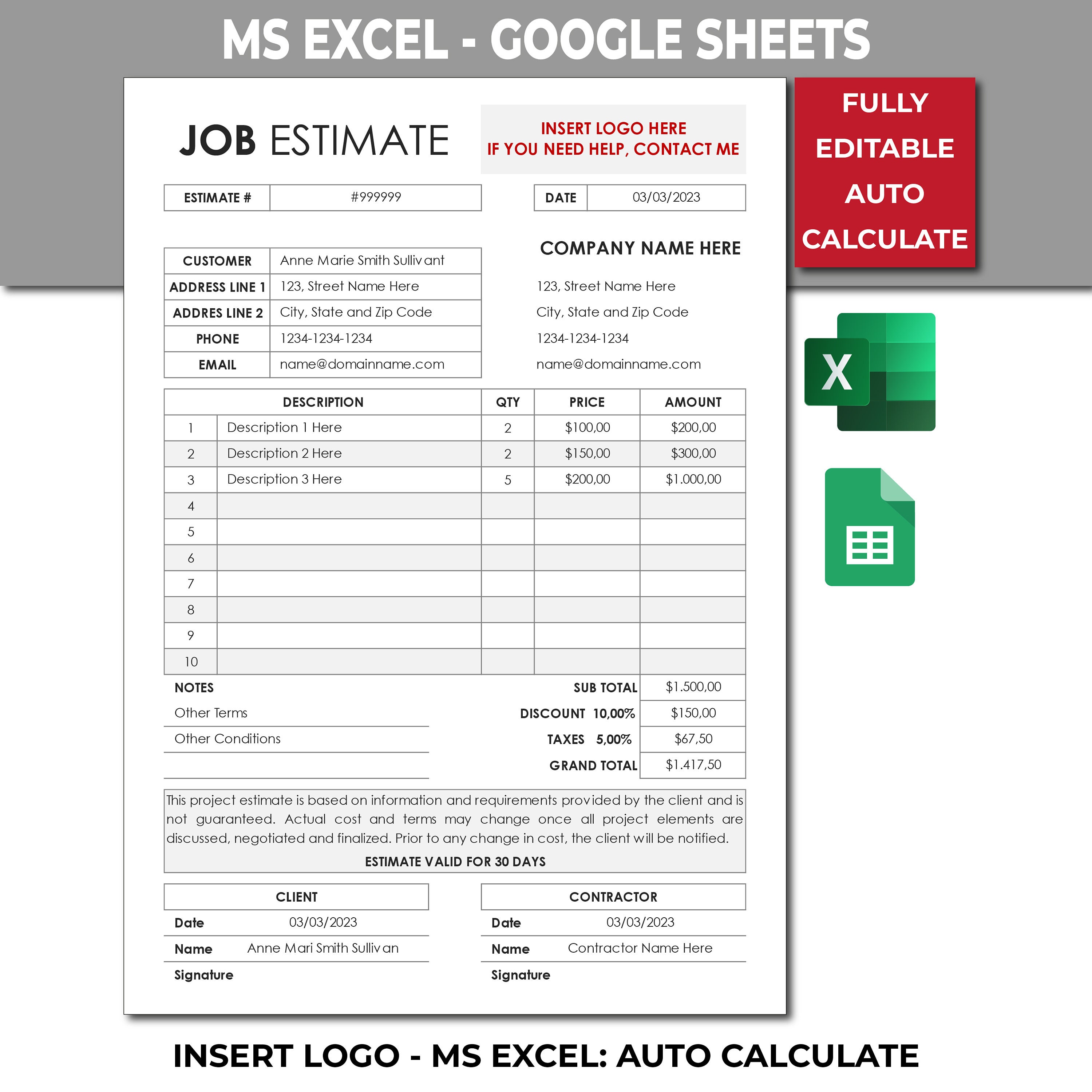 Job Estimate Template. Excel Editable Spreadsheet. Google Sheets Job Estimate Template. Excel Editable Spreadsheet. Google Sheets