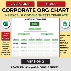May include: A green and white corporate organization chart template for Microsoft Excel and Google Sheets. The chart has three tabs, a dropdown list, and is fully editable. It prints perfectly on letter size paper.
