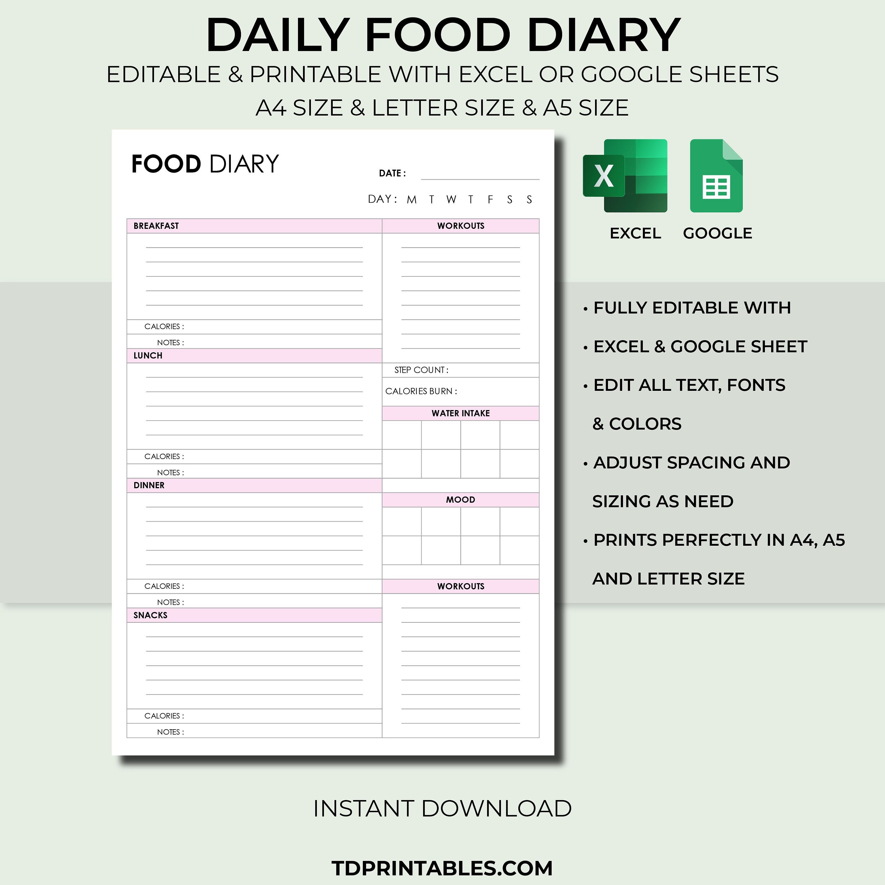 Daily Food Diary Printable Editable, Daily Food Journal, Daily Calories ...