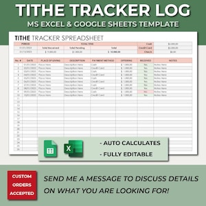 Tithe Tracker Spreadsheet Template. Excel & Google Sheets. Tithes Offerings Tracking. Church Donations. Contribution Offering Tracker List