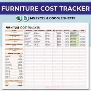 Furniture Cost Tracker | Furniture Planner | Google Sheets Excel Budget Spreadsheet Template | Furniture Budget | Home House Renovation