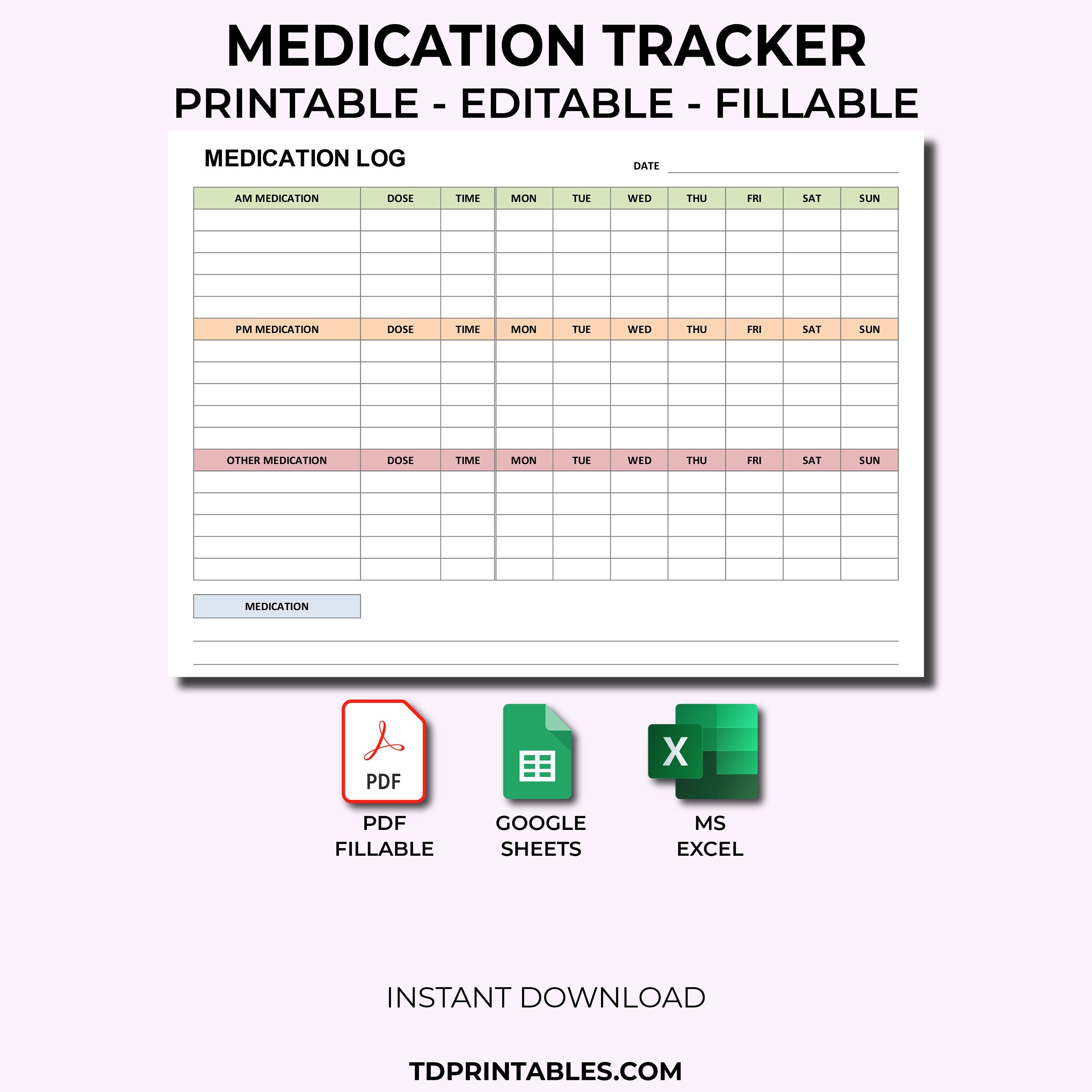 Medication Tracker, Editable & Fillable PDF, Medicine Tracker, Medication List, Medication Log, Medication Chart, Daily Medication Log,EXCEL