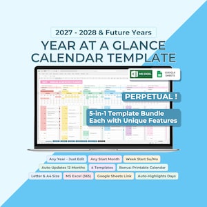 Puede incluir: Una plantilla de calendario digital mostrada en la pantalla de una computadora portátil, con el texto 2027-2028 & Future Years Year at a Glance Calendar Template, Perpetual!, y 5-in-1 Template Bundle. Incluye iconos y etiquetas de MS Excel y Google Sheets.