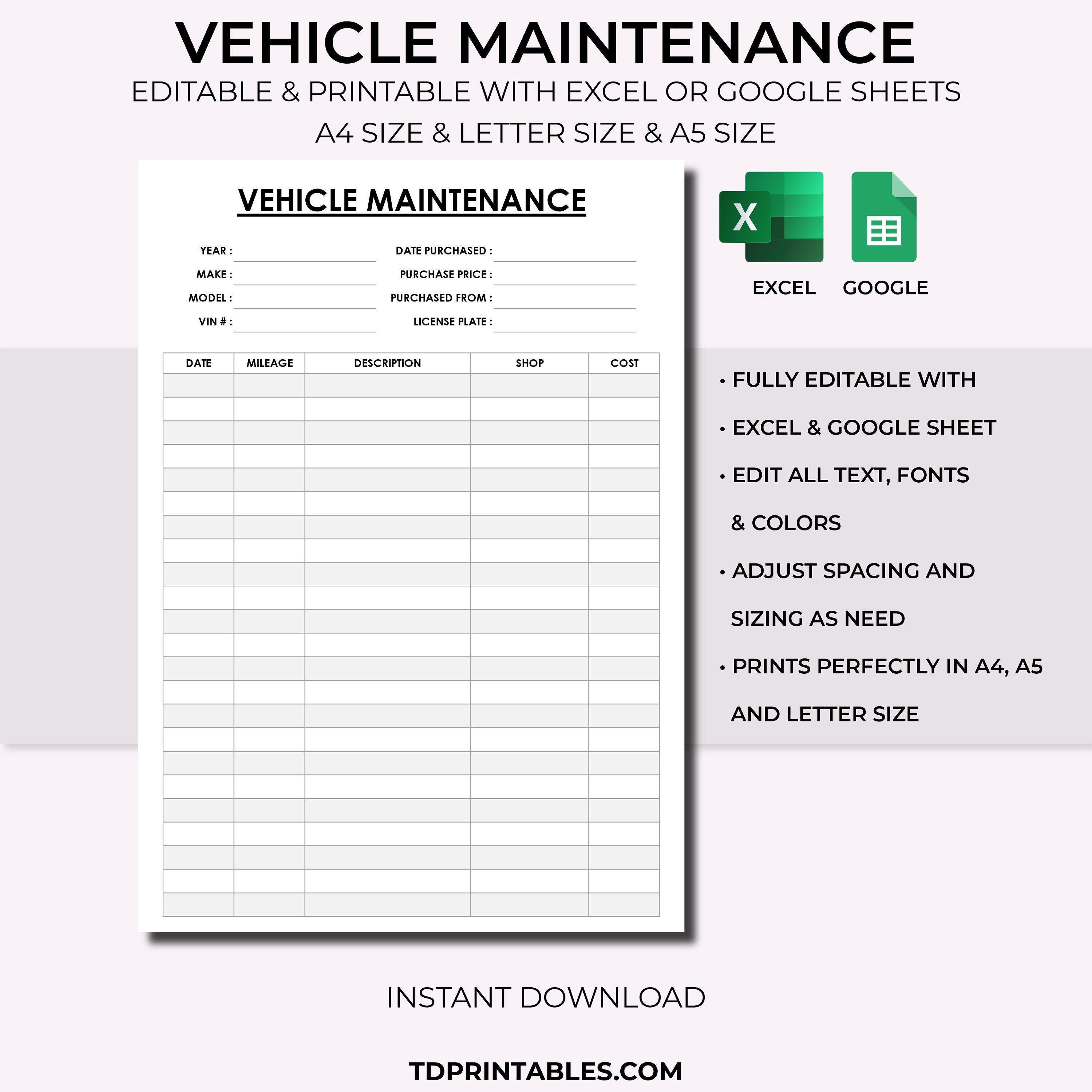 Editable &amp; Printable Vehicle Maintenance, Car Truck Moto SUV, Vehicle Service, Vehicle Repair ...