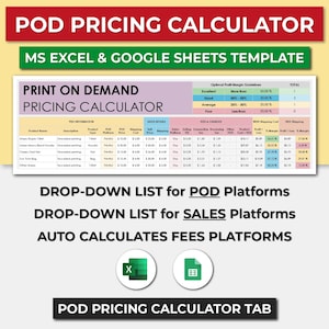 Calculadora de Lucros e Taxas da POD Platforms. Calculadora de Preços Printify Printful Gelato AOP+. Modelo de Planilha de Calculadora de Lucro Líquido da Etsy.