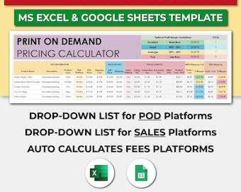 Calculadora de Lucros e Taxas da POD Platforms. Calculadora de Preços Printify Printful Gelato AOP+. Modelo de Planilha de Calculadora de Lucro Líquido da Etsy.