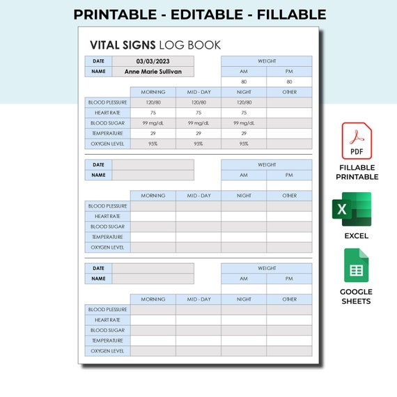 Editable Printable Vital Signs Log, Vital Sign Sheet, Vital Signs Tracker Template, Medical Journal, Vitals Report Notebook | EXCEL Template