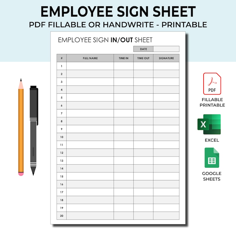 Printable Employee Sign Sheet. Sign in Out Form Template. Employee Log