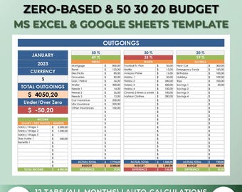 Könnte beinhalten: Eine farbenfrohe Tabellenvorlage für ein monatliches Budget nach der 50/30/20-Methode. Die Vorlage ist für die Verwendung mit Microsoft Excel und Google Sheets konzipiert. Die Tabelle enthält Abschnitte für Einnahmen, Ausgaben und Ersparnisse. Der Ausgabenbereich ist in Bedürfnisse, Wünsche und Ersparnisse unterteilt. Die Vorlage enthält 12 Registerkarten für jeden Monat des Jahres. Die Vorlage soll Benutzern helfen, ihre Einnahmen und Ausgaben zu verfolgen und ein Budget zu erstellen, das für sie funktioniert.