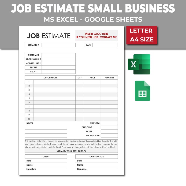 Job Estimate Template. Excel Editable Spreadsheet. Google Sheets