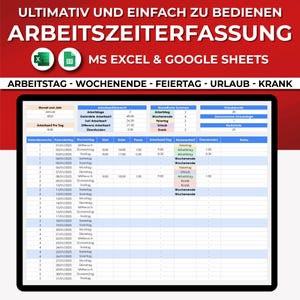 Arbeitszeiterfassung 2025, Excel Vorlage & Google Sheets, Arbeitszeit erfassen, Überstunden berechnen, Arbeitsstunden verwalten.