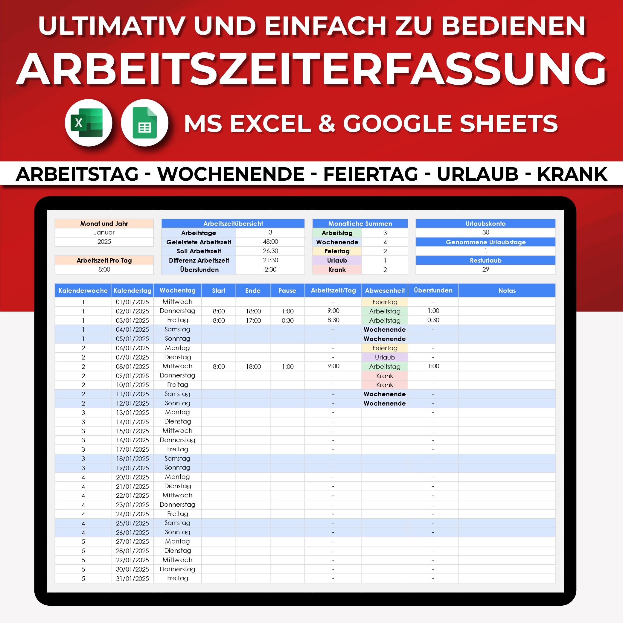 Arbeitszeiterfassung 2025, Excel Vorlage & Google Sheets, Arbeitszeit erfassen, Überstunden berechnen, Arbeitsstunden verwalten.