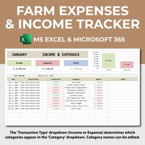 Farm Expenses Spreadsheet Template | Agricultural Expenses Tracker | Ranch Expenses & Income Tracker | Excel 365 Spreadsheet Template