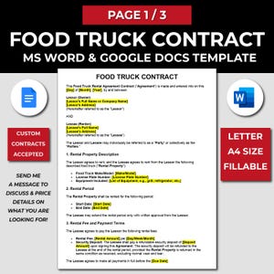 Peut inclure: Un modèle de contrat de location de camion de nourriture imprimable dans un schéma de couleurs bleu et blanc. Le modèle est conçu pour être utilisé avec Microsoft Word et Google Docs. Le texte sur le modèle indique "Contrat de camion de nourriture" et "Modèle Microsoft Word et Google Docs".