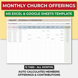 Church Monthly Offering & Contribution Spreadsheet Template. Church Track Tithes Pledges. Church Offerings Bookkeeping. Church Member List.