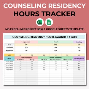 Therapist Counseling Residency Hours Tracker Spreadsheet Template. Google Sheets Docs Excel 365. LPC LCSW Planner. Therapist Hours Log