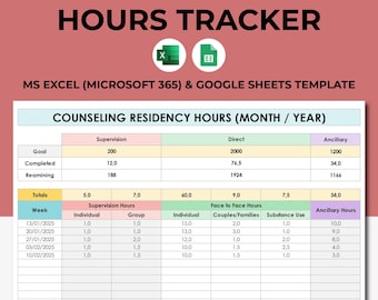 Può includere: Un modello di tracciamento delle ore di residenza in consulenza stampabile per Microsoft Excel e Google Sheets. Il modello include sezioni per le ore di supervisione, dirette e ausiliarie, nonché una ripartizione settimanale delle ore individuali, di gruppo, di coppie/famiglie e di uso di sostanze.