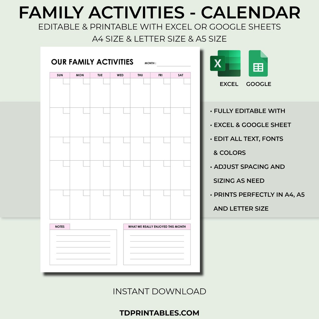 BLANK Monthly Calendar Editable &amp; Printable, Our Family Activities ...
