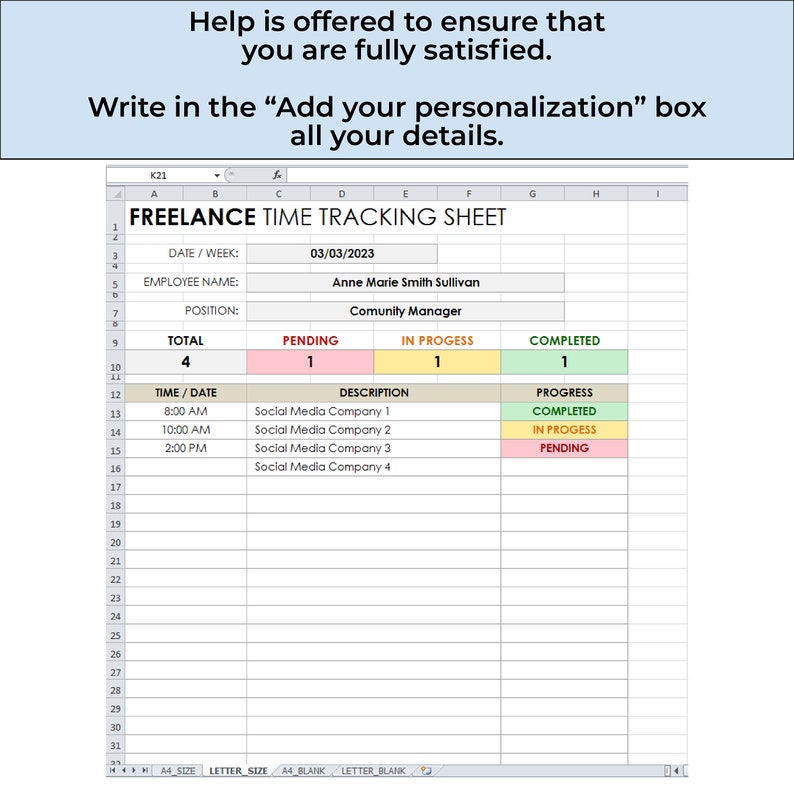 Freelance Work Timesheet Template, Time Tracking Sheet for Freelancers ...