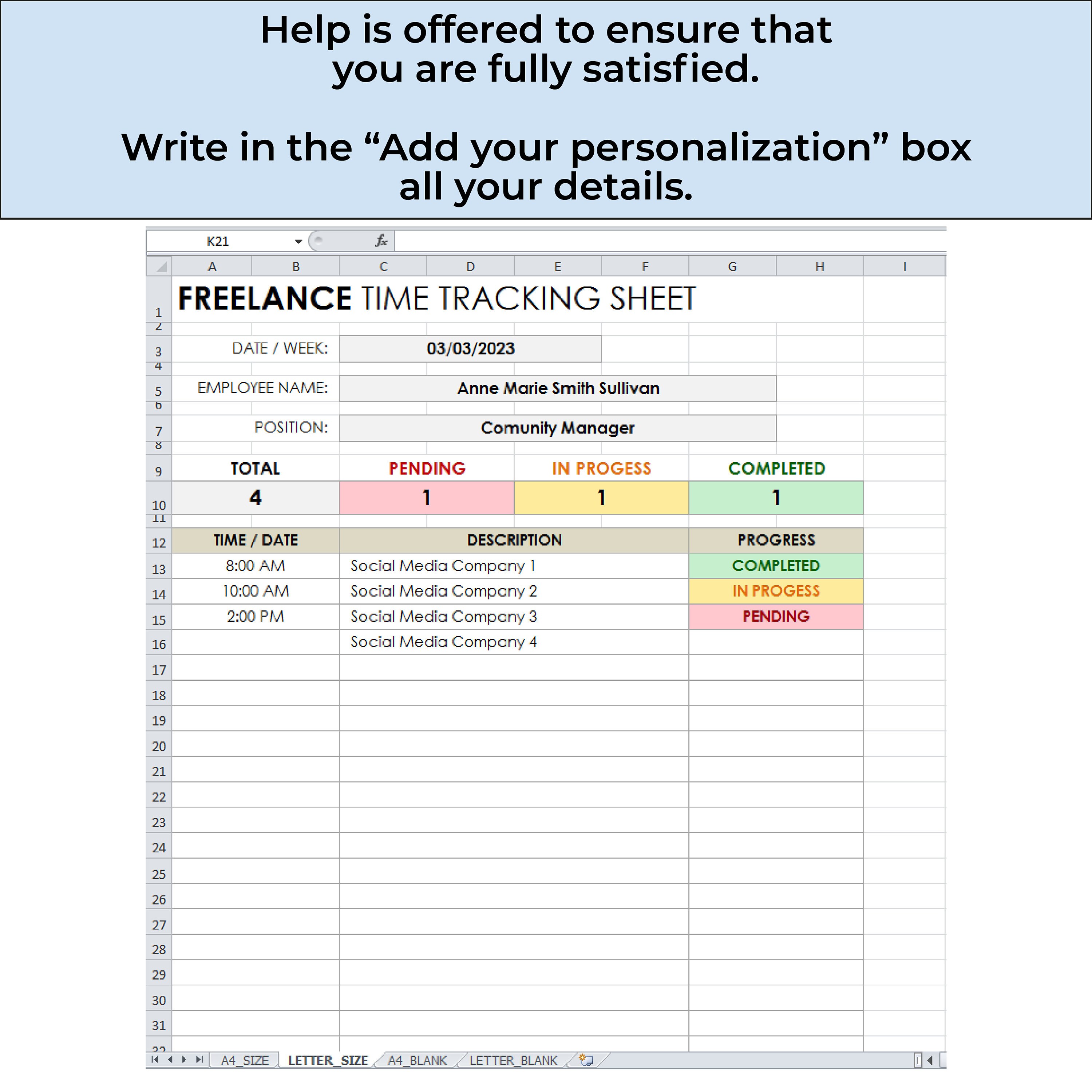 Freelance Work Timesheet Template, Time Tracking Sheet for Freelancers ...