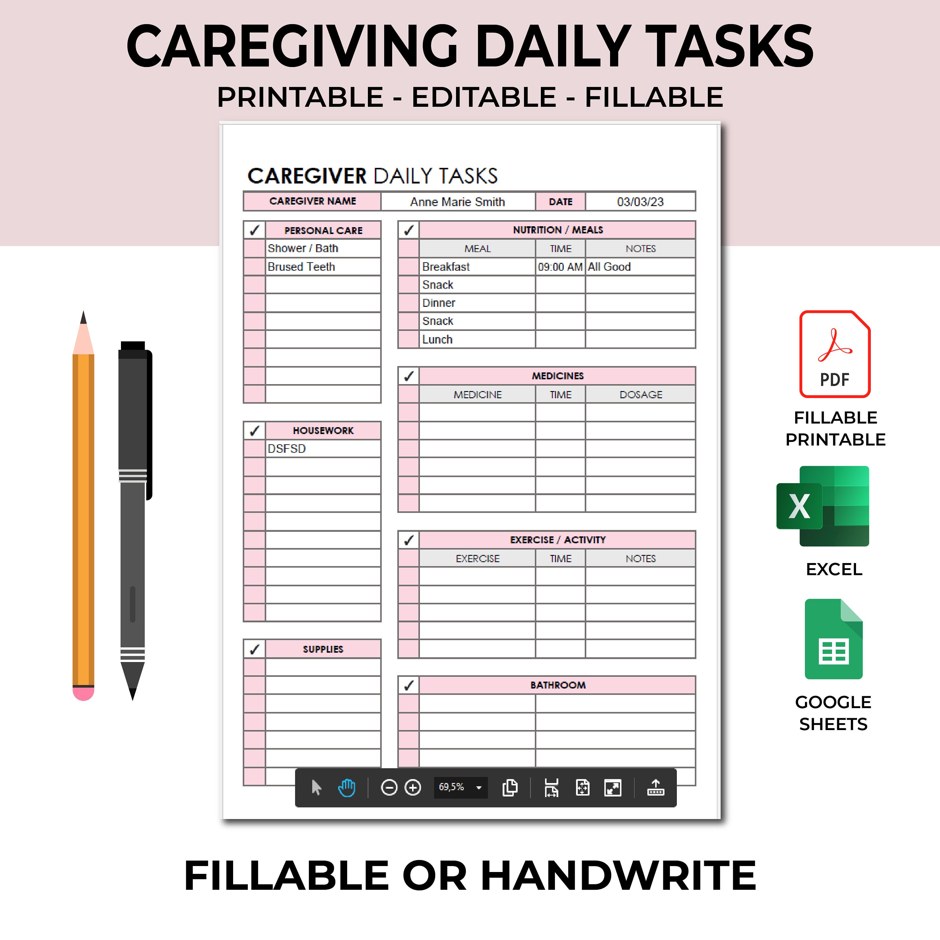 Caregiving daily tasks log template elderly care caregiving checklist