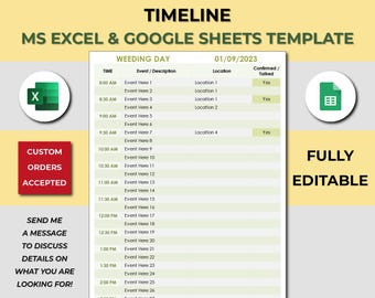 Sjabloon bruiloft planning gedetailleerde tijdlijn. Spreadsheet bruiloftstijdlijn per uur. Bevestigingsschema voor de dag van het wieden. Excel en Google Spreadsheets.