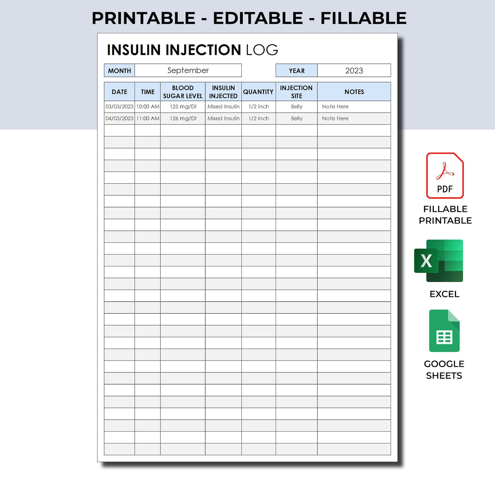 Insulin Injection Log. Insulin Injection Tracker. Diabetic Log ...