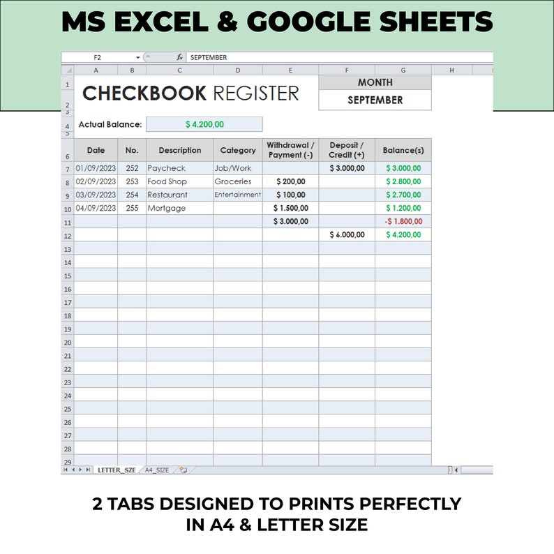 Checkbook Register Excel Spreadsheet Template. Excel Checkbook Register