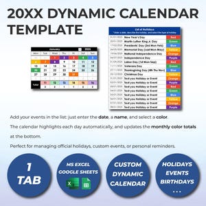 Editable 2025 2026 Excel Calendar, Google Sheets Color Coded Plan, Yearly Event Tracker, Excel Holiday Schedule, Business Calendar Tool
