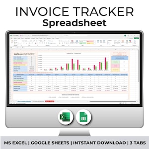 Può includere: Uno schermo di computer che mostra un foglio di calcolo con il titolo "Invoice Tracker Spreadsheet". Il foglio di calcolo ha schede per "Panoramica annuale", "Riepilogo delle fatture per mese" e "Informazioni sul cliente". Il foglio di calcolo è progettato per tenere traccia delle fatture, dei pagamenti e dei saldi. L'immagine include anche icone per Microsoft Excel e Google Sheets.