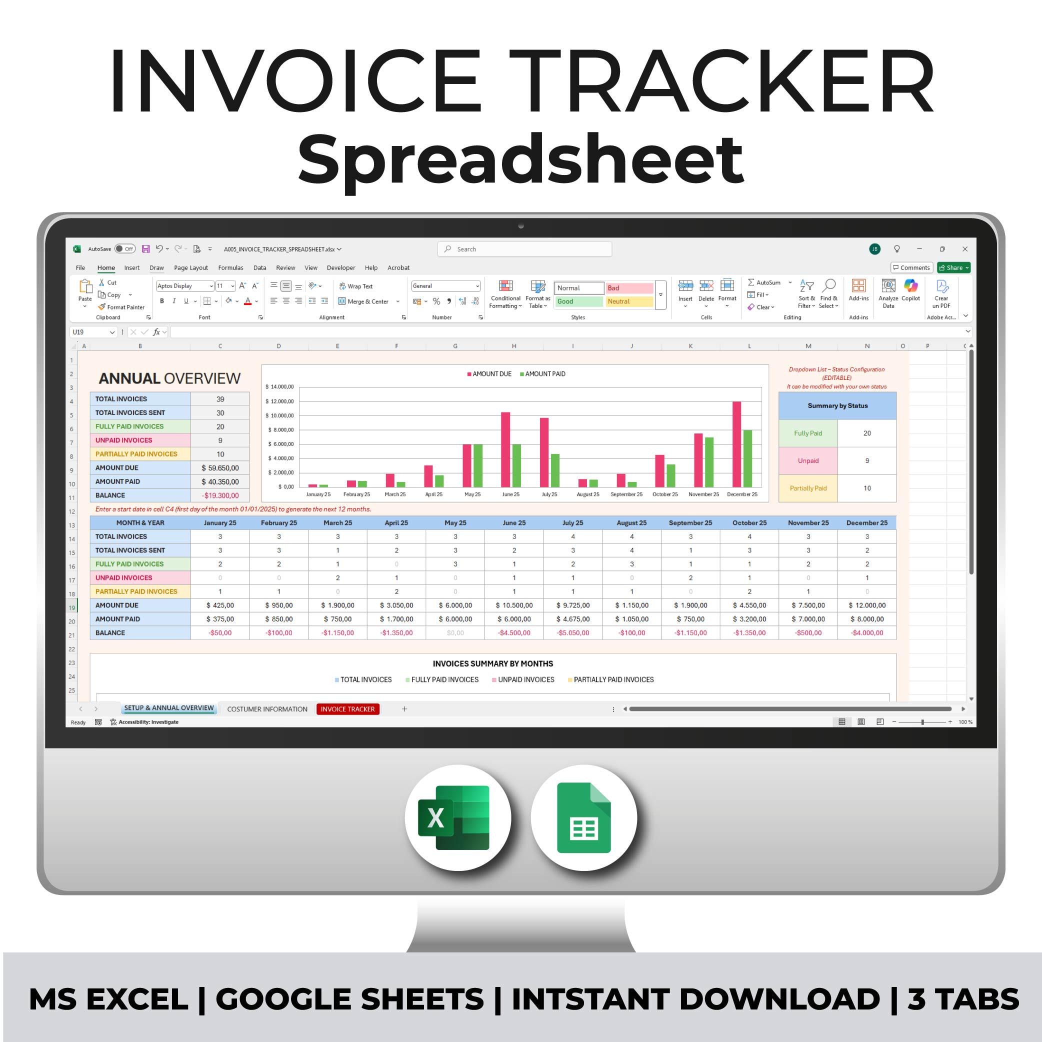 Invoice & Payment Tracker Spreadsheet, Excel Invoice Tracker Template ...