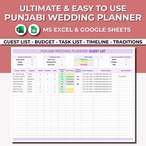 May include: A printable wedding planner spreadsheet for Punjabi weddings. The spreadsheet includes sections for guest list, budget, task list, timeline, and traditions. The spreadsheet is designed to be used in Microsoft Excel or Google Sheets.