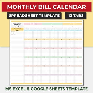 Könnte beinhalten: Eine druckbare Tabellenkalkulationsvorlage für einen monatlichen Rechnungs-Kalender. Die Vorlage ist für die Verwendung mit Microsoft Excel und Google Sheets konzipiert. Der Kalender ist für Februar 2025 und hat 13 Registerkarten. Der Kalender ist in Abschnitte für Rechnungen, die diesen Monat fällig sind, bezahlte Rechnungen und Rechnungen, die noch zu bezahlen sind, unterteilt. Der Kalender enthält auch einen Notizbereich.