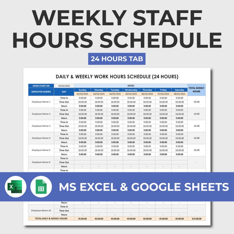 Op de afbeelding: Een digitale wekelijkse urenstaat sjabloon met de tekst "WEEKLY STAFF HOURS SCHEDULE" en "24 HOURS TAB". Het schema is voor MS Excel & Google Sheets, met velden voor werknemersnamen, in/uit-tijden en totaal uren.