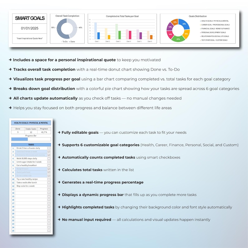 Goal Tracking Spreadsheet | Excel Goal Planner | Task Management Template | Personal Goals Tracker | Productivity Worksheet | Simple Planner