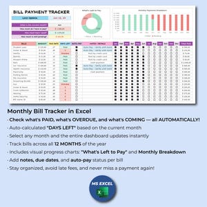 Digital bill planner Excel, Automatic expense tracker sheet, Excel monthly payments log, Overdue bill tracker spreadsheet, Budget sheet