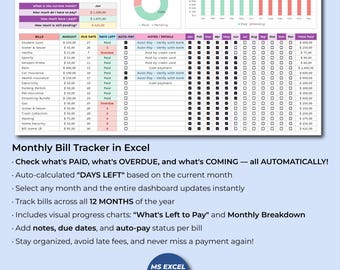 Digital bill planner Excel, Automatic expense tracker sheet, Excel monthly payments log, Overdue bill tracker spreadsheet, Budget sheet