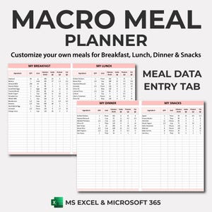 Macro Meal Planner | Calorie Tracker | Macro Meal Prep | Weekly Meal Planner Spreadsheet | Calorie Counter | Macro Tracker | Excel Template