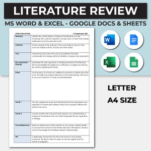 May include: A printable literature review template in a letter size format. The template is designed for use with Microsoft Word, Excel, Google Docs, and Google Sheets. The template includes sections for theme, author, year, key arguments, findings, notes, quotes, cross-references, and URL.