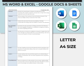 Può includere: Un modello di revisione della letteratura stampabile in formato lettera. Il modello è progettato per l'uso con Microsoft Word, Excel, Google Docs e Google Sheets. Il modello include sezioni per il tema, l'autore, l'anno, gli argomenti chiave, i risultati, le note, le citazioni, i riferimenti incrociati e l'URL.