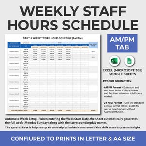Op de afbeelding: Een digitale wekelijkse urenstaat voor personeel. De spreadsheet is ontworpen voor Excel en Google Sheets, met AM/PM- en 24-uurs tijdformatopties. Het is geconfigureerd om af te drukken in Letter- en A4-formaten.