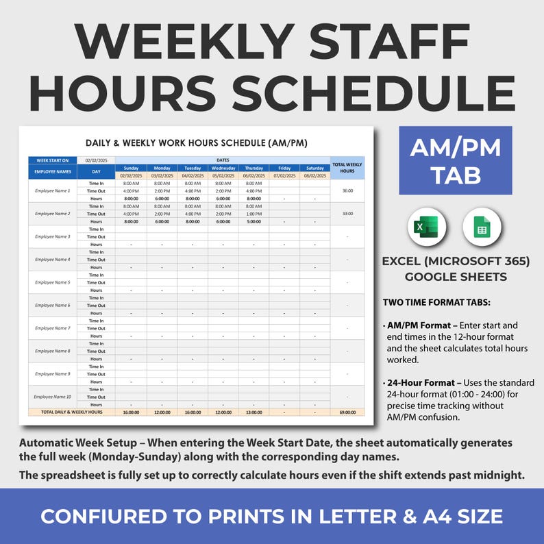 Op de afbeelding: Een digitale wekelijkse urenstaat voor personeel. De spreadsheet is ontworpen voor Excel en Google Sheets, met AM/PM- en 24-uurs tijdformatopties. Het is geconfigureerd om af te drukken in Letter- en A4-formaten.