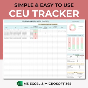CEU Tracker Template Excel 365 Spreadsheet, Continuing Education Tracker Planner, CEU Log, Social Work CEU Log, Course Tracker, Cebu Tracker