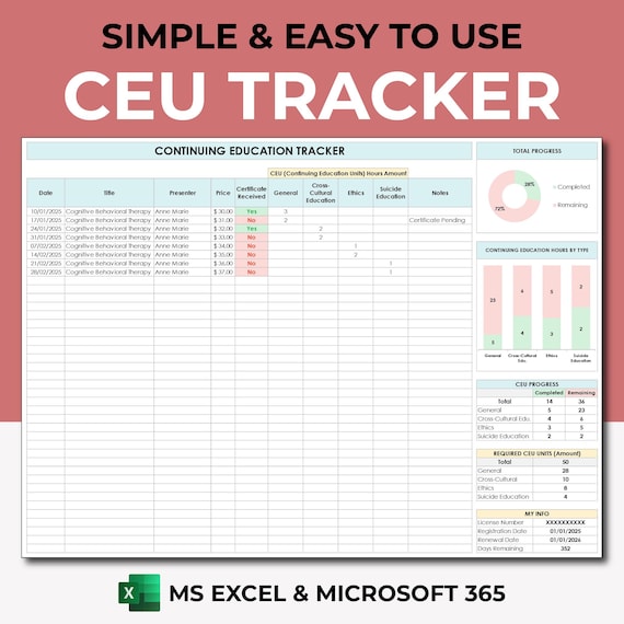 CEU Tracker Template Excel 365 Spreadsheet, Continuing Education Tracker Planner, CEU Log, Social Work CEU Log, Course Tracker, Cebu Tracker