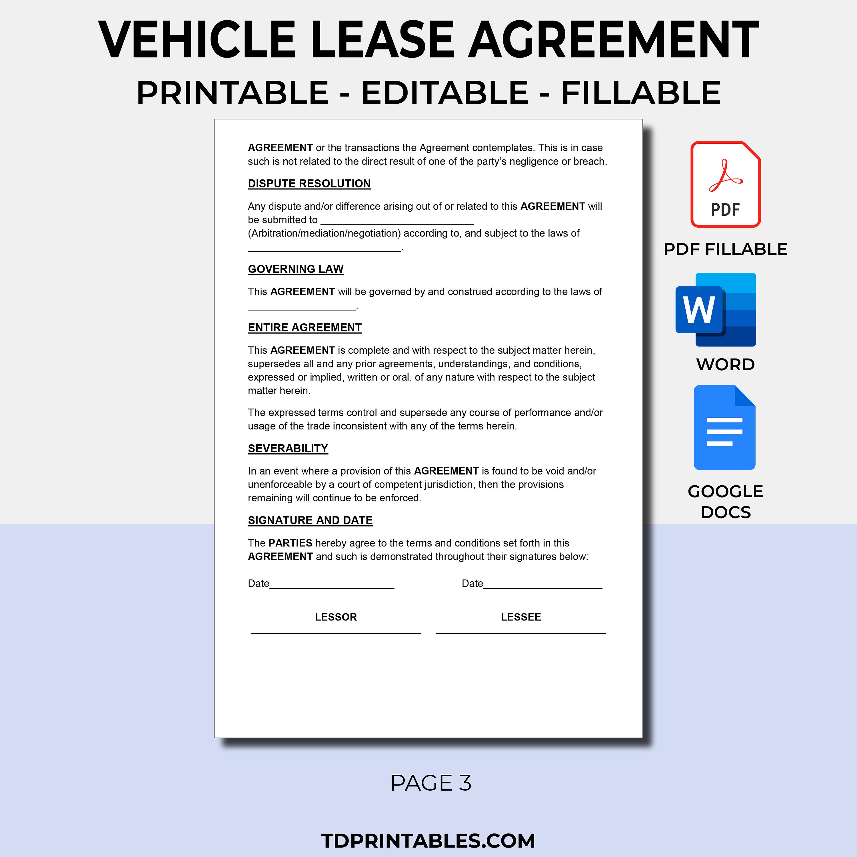 Vehicle Lease Agreement Template PDF Fillable Printable Editable Ms