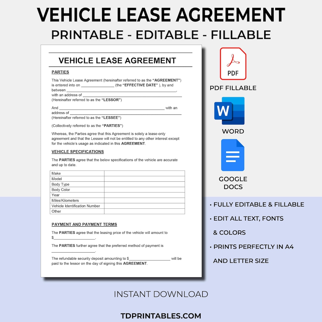 Car Lease Agreement PDF Fillable Editable