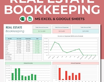 Real Estate Bookkeeping Spreadsheet Template, Realtor Bookkeeping, Income & Expenses Tracker, Excel Google Sheets Income Tracker