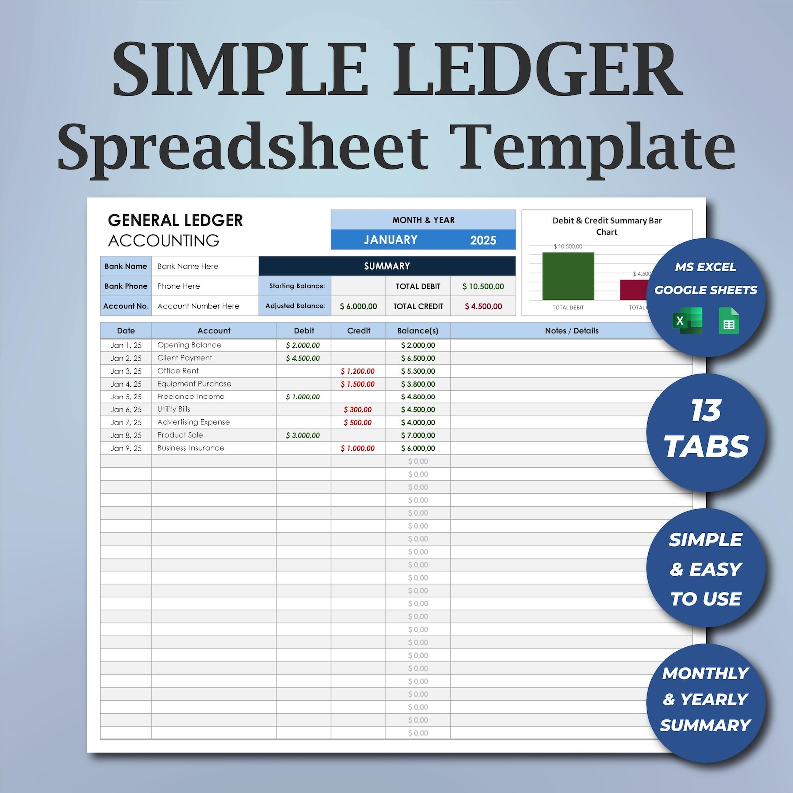 Excel & Google Sheets Template: Bank Ledger Sheet, General Ledger ...