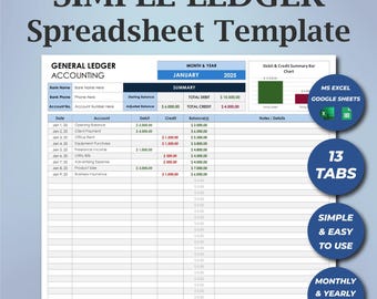 Excel & Google Sheets Template: Bank Ledger Sheet, General Ledger Accounting, General Ledger SpreadSheet, Money Tracker,Bookkeeping Template